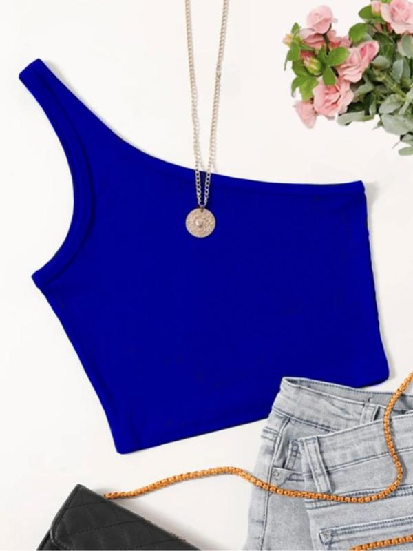 Women's Plain One Shoulder Crop Tank Top without Necklace, Summer Clothes Women, Casual Solid Color Sleeveless Ribbed Top for Summer, Women's Clothing for Daily Wear, Summer Outfits 2024