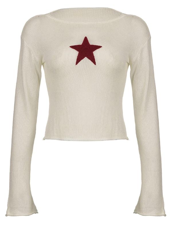 Women's Y2K Star Graphic Drop Shoulder Crop Sweater, Comfortable Womenswear for Lady, Cozy Sweaters, Extra-Long Sleeve Round Neck Jumper For Fall, Women's Knitwear Top, Please Purchase A Size Up, Fall Outfits, Fallfreshness Preppy 80S Clothes