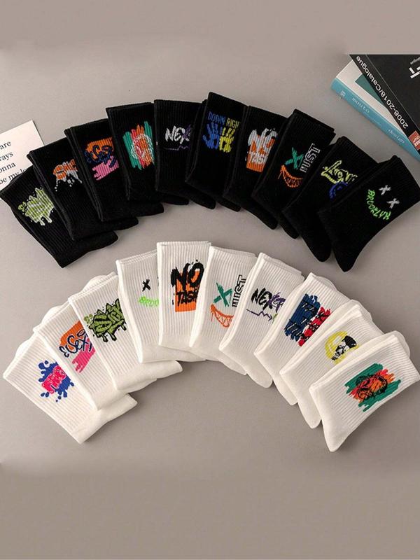 Random Cartoon & Letter Print Crew Socks, Casual Comfortable Breathable Socks, Multi-pack Mid Calf Socks for Daily Wear