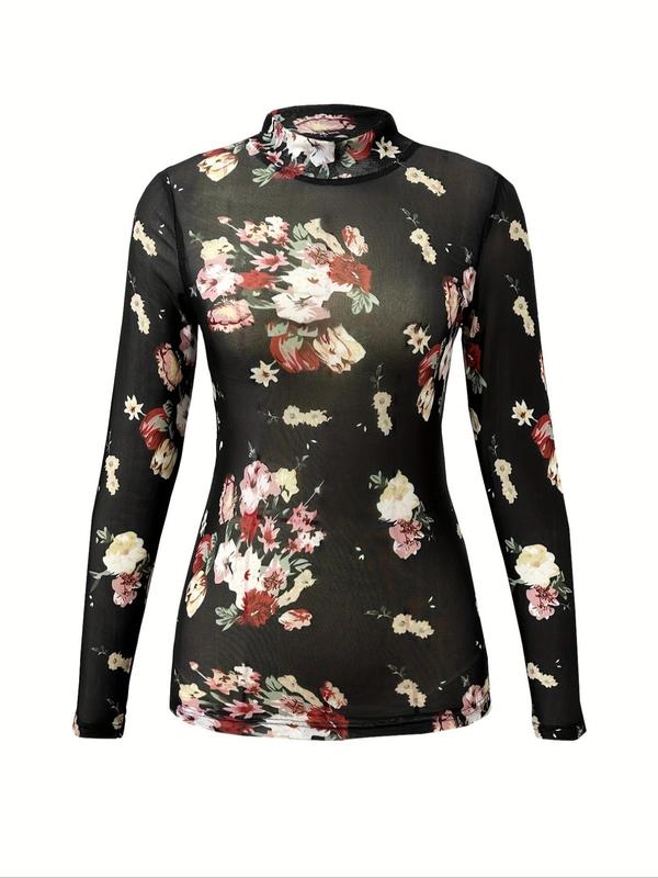 Women's Sexy Floral Print Tight Sheer Mesh Tee, Casual Mock Neck Long Sleeve T-shirt for Spring & Fall, Women's Clothes for Daily Wear