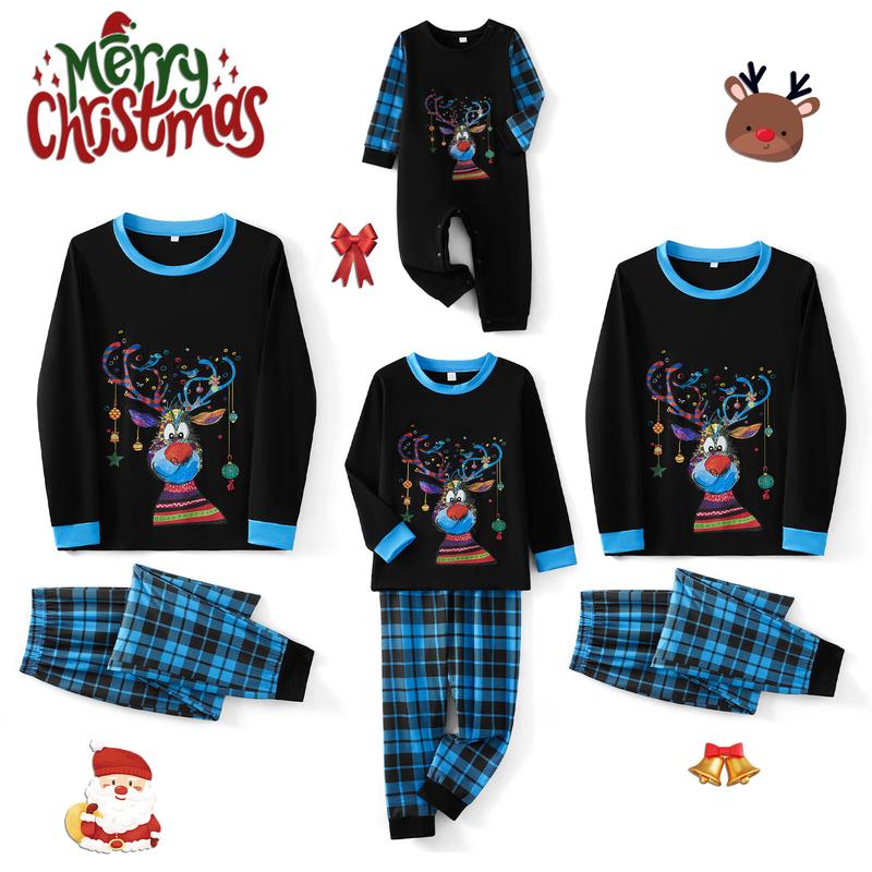 Family Matching Christmas Pajamas Set Reindeer Plaid Print Holiday Sleepwear Loungewear for Men Women Kids Baby