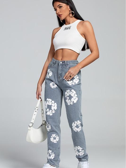 Daisy print high waisted straight Jeans Womenswear Bottom Denim Pants Casual Underwear Lady casual jean