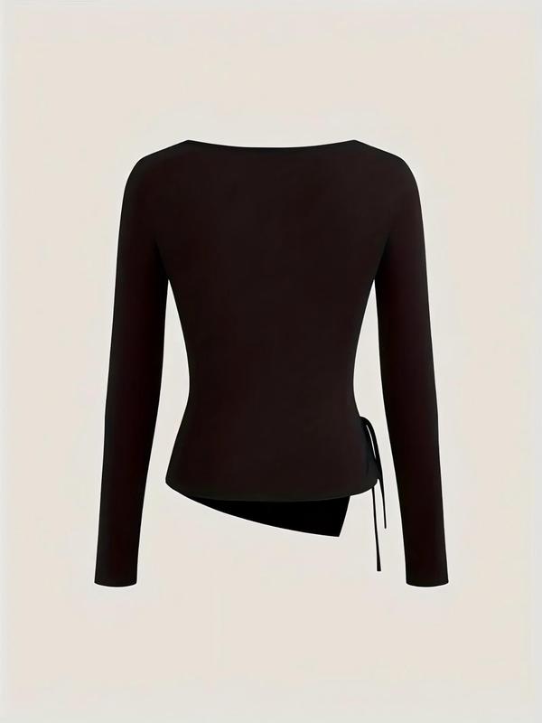 Women's Solid Color Tie Side Tee, Casual Long Sleeve T-Shirt for Spring & Fall, Comfortable Women's Top for Daily Wear