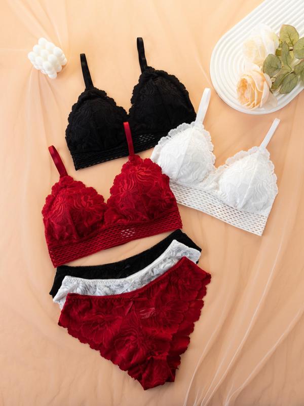 Women's Contrast Lace Bow Front Push Up Bra & Sheer Panty Set, Summer Underwear Set, Underwear for Women, Adjustable Strap Hollow Out Lingerie Set, Soft Comfy Breathable Underwear Set for Women