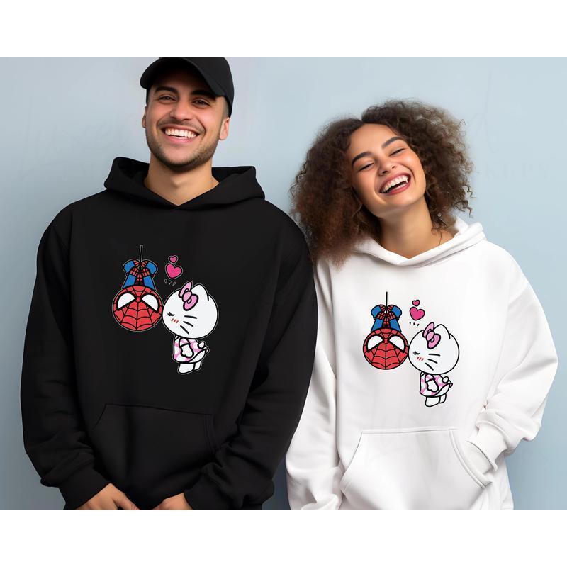 Unisex Vintage Comfort Colors Hallo Kitty Cat and Hero Spider Matching Couple Shirt, Sweater, Hoodie, Valentine's Day Lovers Anniversary Gift, Unisex Streetwear Coquette Cool Tee, Sweatshirt, Hoodie Pullover