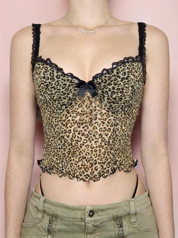 Women's Leopard Print Contrast Lace Vintage Crop Cami Top, Fashion Lettuce Trim Bow Front Camisole, Summer Clothes Top for Daily Wear