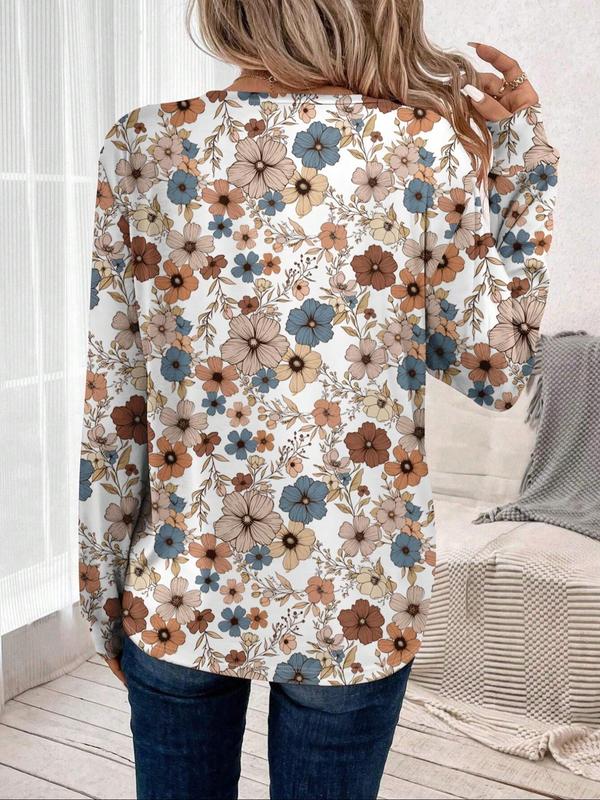 Women's Ditsy Floral Print Long Sleeve Tee, Fashion Casual Round Neck T-shirt for Fall & Winter, Women's Top for Daily Wear