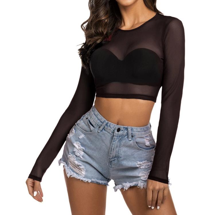 Avidlove Women Mesh Crop Top Long Sleeve See Through Shirt Sheer Blouse O Neck Clubwear