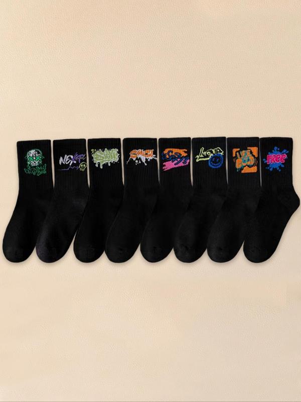 Random Cartoon & Letter Print Crew Socks, Casual Comfortable Breathable Socks, Multi-pack Mid Calf Socks for Daily Wear