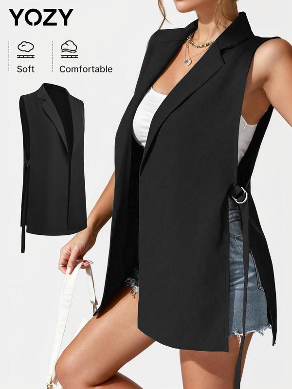 YOZY Women's Solid Belted Vest Blazer, Casual Lapel Sleeveless Outerwear for Spring & Fall, Ladies Clothes for Daily Wear