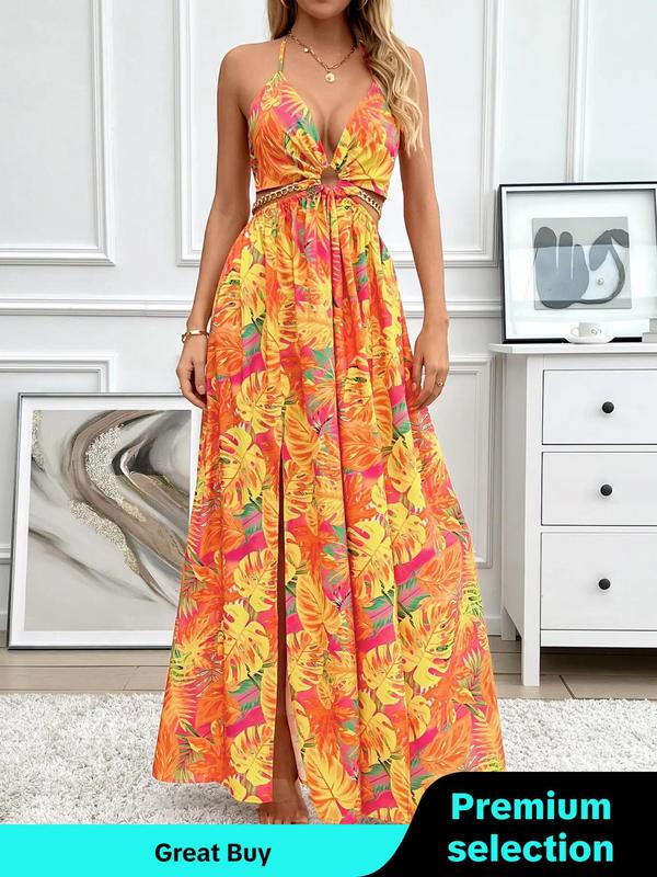 Women's Floral Print Chain Decor Split Thigh Tie Back Cami Dress, Fall Outfits, Summer Dresses 2024 for Lady, Back To School Outfits, Elegant Ring Linked Halter Backless Maxi Dress for Beach Holiday Vacation, Ladies Summer Clothes