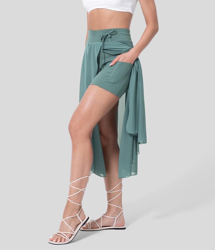 Halara High Waisted Drawstring Contrast Mesh 2-in-1 Side Pocket Flowy Midi Flare Casual Skirt