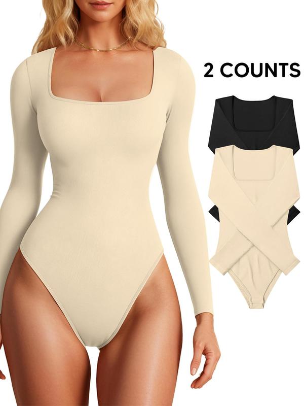 Women's Solid Long Sleeve Square Neck Bodysuit, Casual Comfy Snap Closure Crotch Bodysuit for Daily Wear, Ladies Clothes for All Seasons