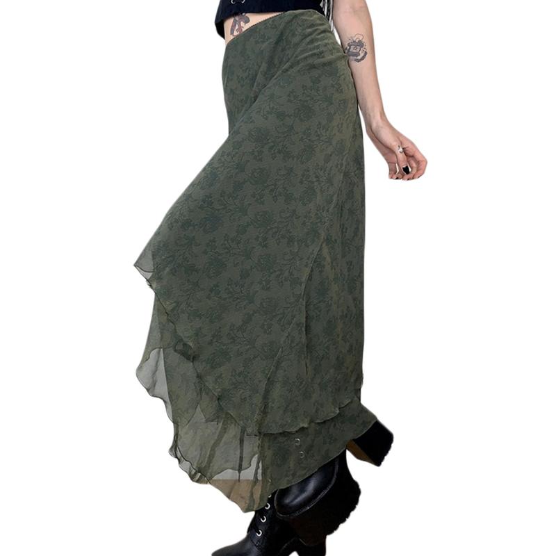 Female Midi Skirt, Adults Floral Print High Waist Ruffled Skirt Summer Dress for Women, Army Green, S M L