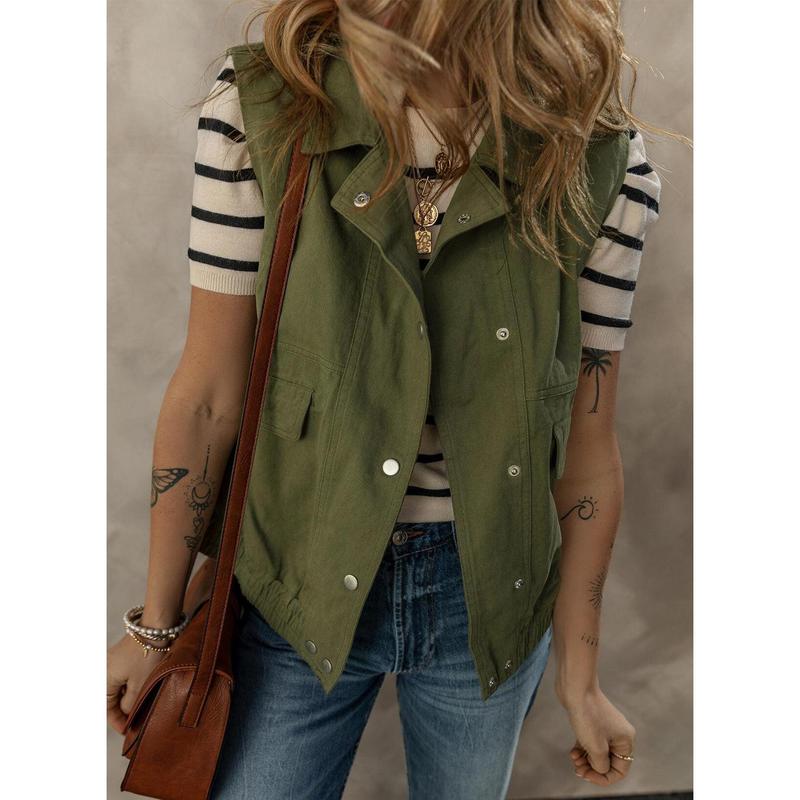 Dokotoo Womens Vests Outerwear Button-Down Lapel Collar Elastic Hem Lightweight Spring Waistcoat Sleeveless Jacket Cargo Vest