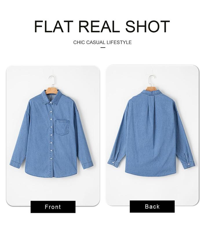 EVALESS Women's Denim Shirts Button Down Blouses Long Sleeve V Neck Casual Womenswear Comfort Basic Tops