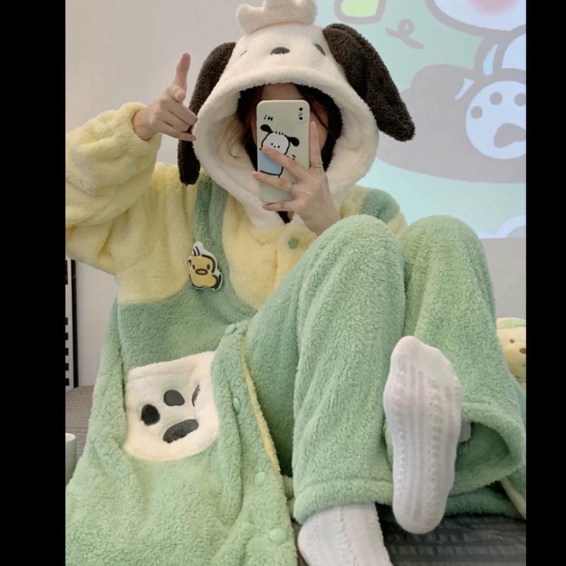 Soft cozy women robe, soft green color with cute dog ears and paws.pochacco