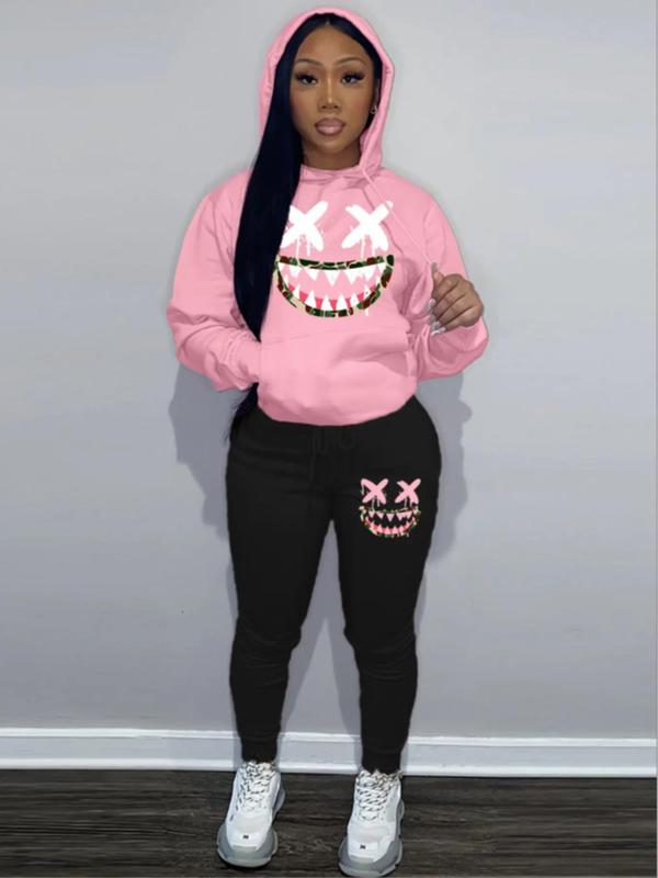 Two-Piece Set Women's Cartoon Expression Print Hoodie & Sweatpants Set, Two Piece Set Women, Casual Long Sleeve Hooded Sweatshirt & Drawstring Waist Pants, Ladies Spring & Fall Clothes