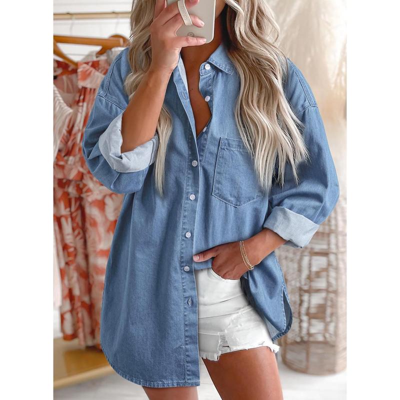 EVALESS Women's Denim Shirts Button Down Blouses Long Sleeve V Neck Casual Womenswear Comfort Basic Tops