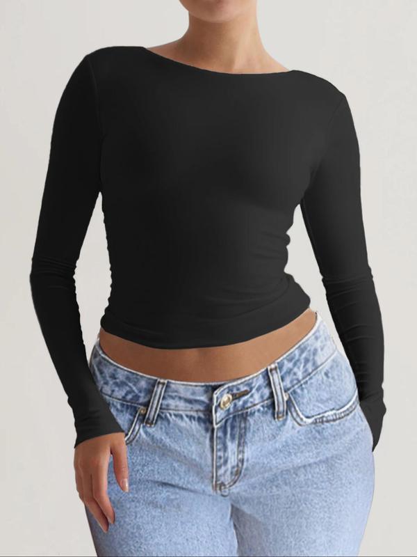 Women's Solid Backless Round Neck Crop Tee, Casual Long Sleeve T-shirt for Daily Wear, Ladies Clothes for All Seasons Downtown Girl Clothes Downtown Girl Clothes, Going out Tops 2000s