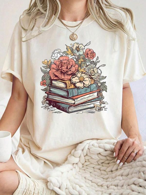 Women's Cartoon Floral & Books Print Round Neck Tee, Fashion Casual Short Sleeve T-shirt, Ladies Summer Clothes for Daily Wear