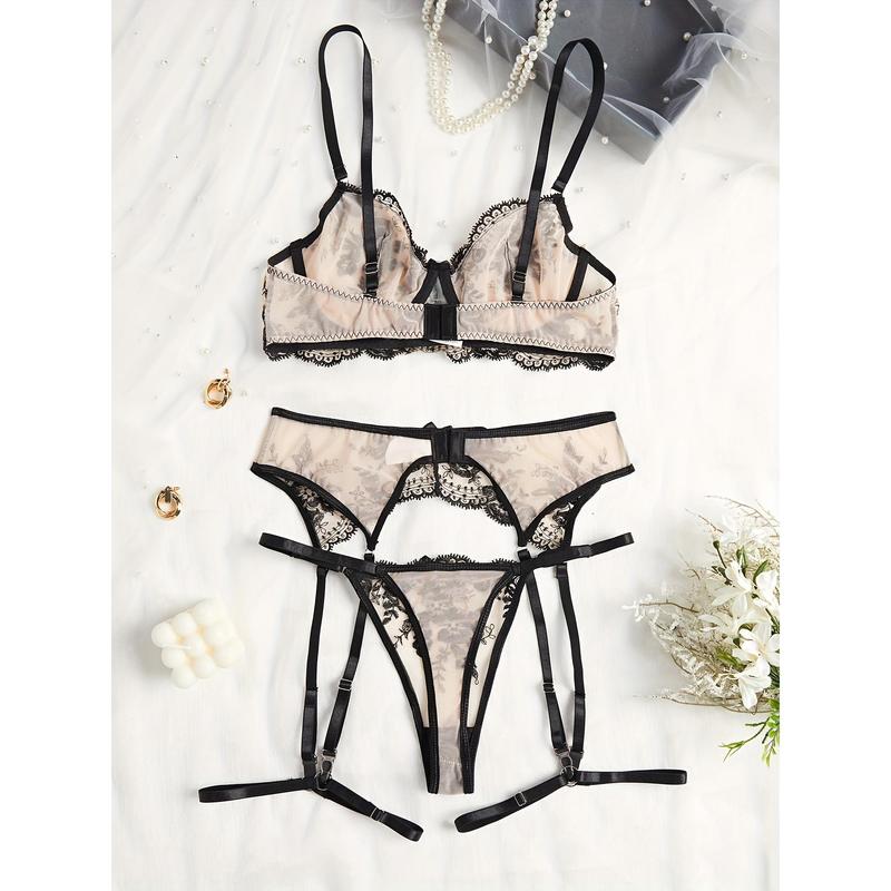 Floral Embroidery Bow Semi Sheer Lingerie Set, Intimates Bra & Thong & Garter Belt, Women's Sexy Lingerie & Underwear thong Fabric Womenswear Print Comfort Polyester Mesh Spaghetti Strap