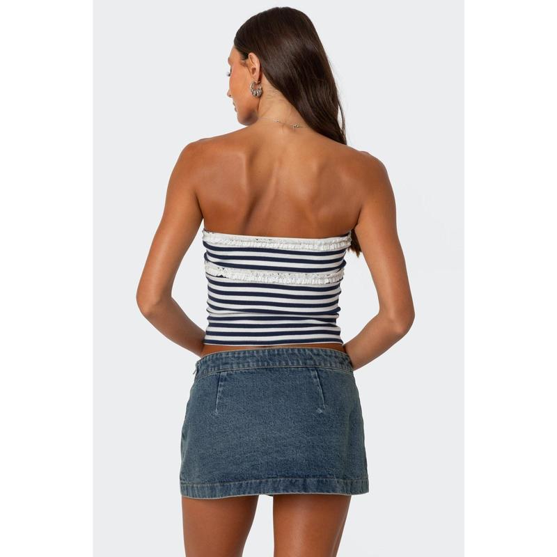 Striped Eyelet Trim Tube Top