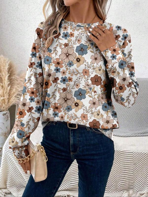 Women's Ditsy Floral Print Long Sleeve Tee, Fashion Casual Round Neck T-shirt for Fall & Winter, Women's Top for Daily Wear