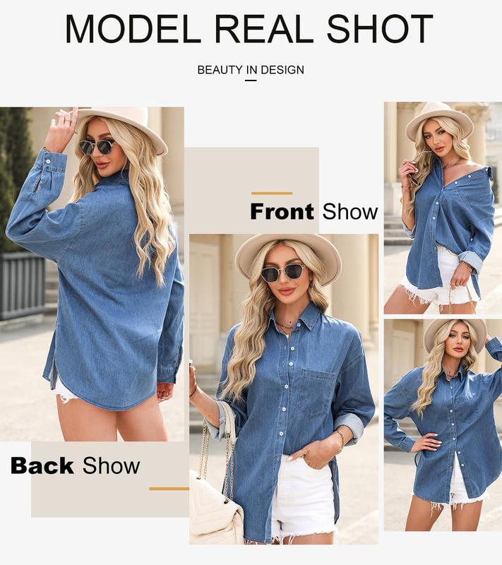 EVALESS Women's Denim Shirts Button Down Blouses Long Sleeve V Neck Casual Womenswear Comfort Basic Tops