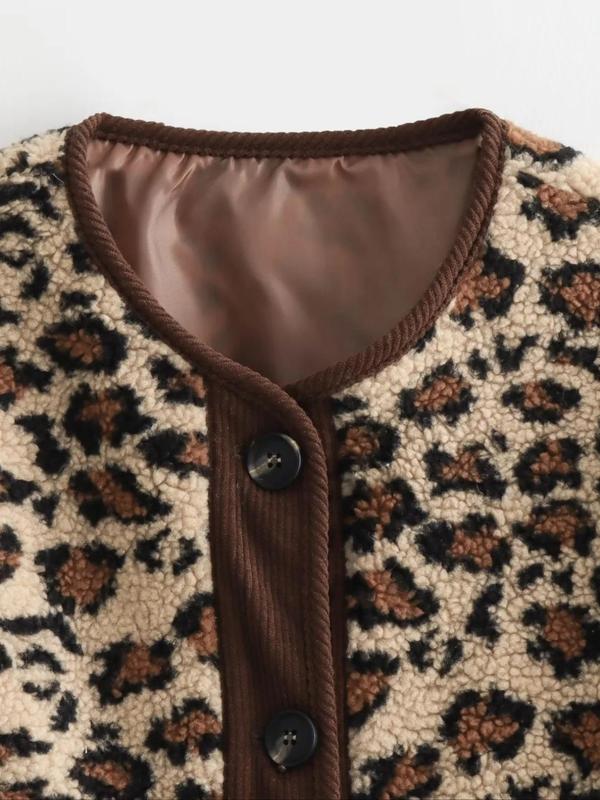 Women's Leopard Print Button Front Pocket Fuzzy Jacket, Casual Long Sleeve Outerwear for Fall & Winter, Ladies Clothes for Daily Wear