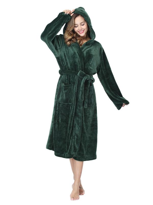 Women Solid Pocket Belted Hooded Robe, Girly Night Clothes, Casual Long Sleeve Fuzzy Dressing Gown for Daily Wear, Women Sleepwear for Fall Winter, Cold Weather Gear, Womenswear, Fall Wear, Fallfreshness, House Coat