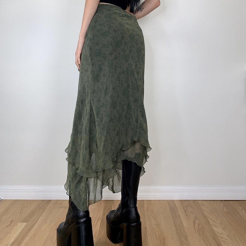 Female Midi Skirt, Adults Floral Print High Waist Ruffled Skirt Summer Dress for Women, Army Green, S M L