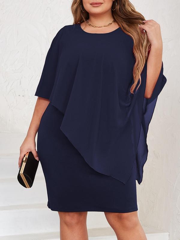  Plain Asymmetrical Hem Cloak Sleeve Bodycon Evening Dress, Elegant Long Sleeve Round Neck Knee Length Evening Party Gown, Women's Clothes for Spring & Fall