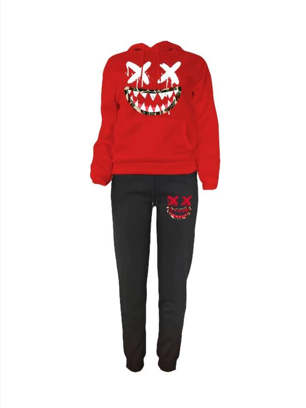 Two-Piece Set Women's Cartoon Expression Print Hoodie & Sweatpants Set, Two Piece Set Women, Casual Long Sleeve Hooded Sweatshirt & Drawstring Waist Pants, Ladies Spring & Fall Clothes