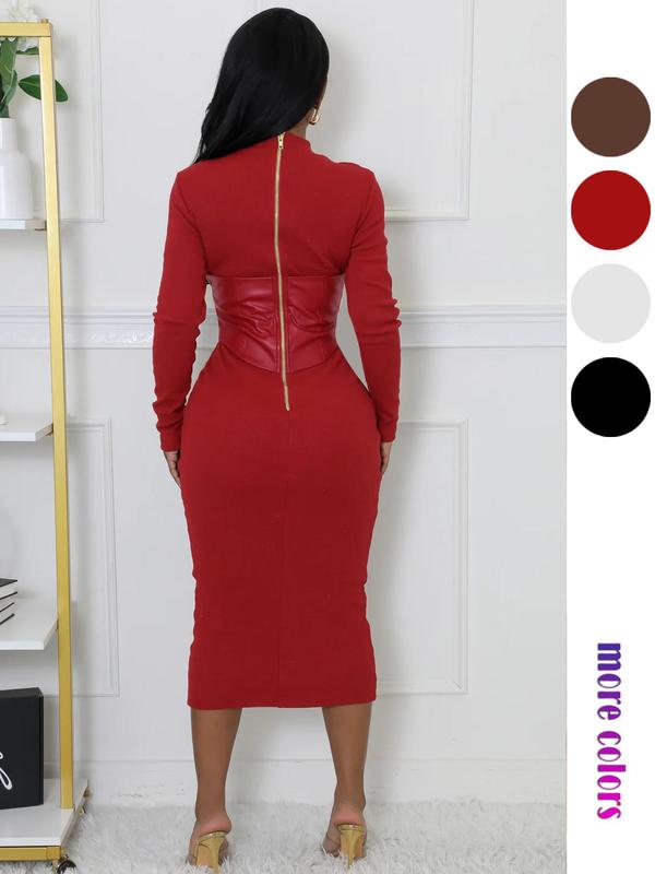 Christmas Deals, Women's Corset Zipper Back Bodycon Dress, Casual Long Sleeve Stand Collar Dress for Daily Wear, Women's Clothing for Fall & Winter, Christmas 2024 Trend, Fall & Winter Clothes