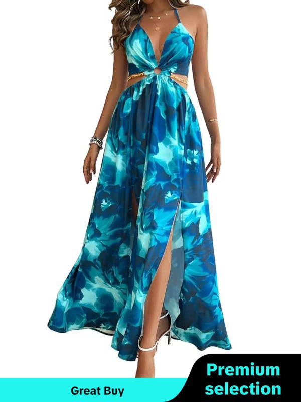 Women's Floral Print Chain Decor Split Thigh Tie Back Cami Dress, Fall Outfits, Summer Dresses 2024 for Lady, Back To School Outfits, Elegant Ring Linked Halter Backless Maxi Dress for Beach Holiday Vacation, Ladies Summer Clothes