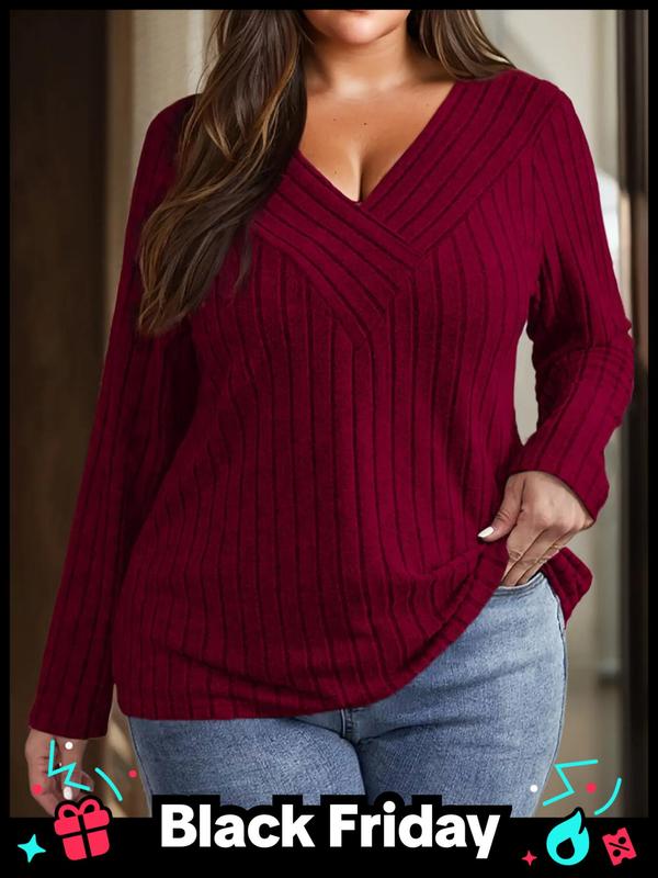 Plus Size Solid V Neck Ribbed Sweater Pullover, Casual Long Sleeve Jumper for Fall & Winter, Women's Plus Clothing for Daily Wear