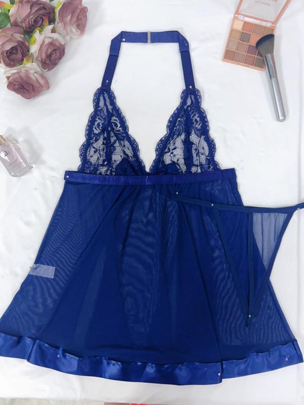  Contrast Lace Bow Front Halter Neck Sexy Costumes Two-piece Set, Adjustable Strap Sheer Cami Nightdress & Thong Set, Women's Sexy Lingerie Set for All Seasons