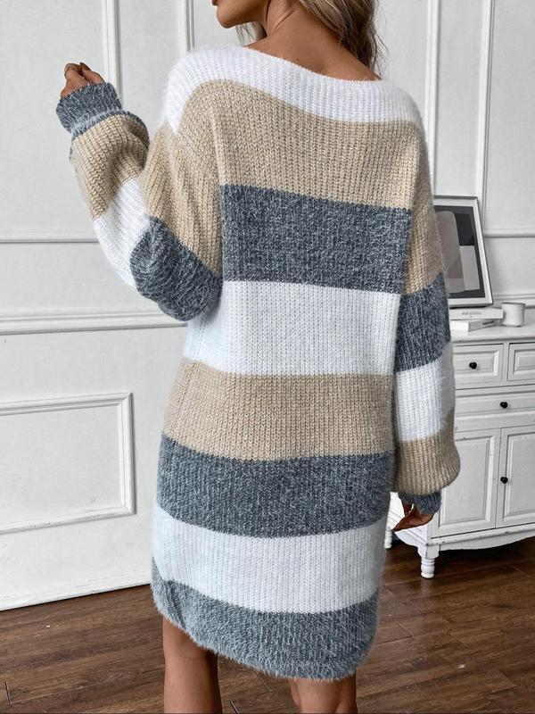 Women's Colorblock Striped Print Drop Shoulder Sweater Dress, Elegant Fashion Casual Long Sleeve Round Neck Knit Dress for Daily Outdoor Wear, Women Crewneck Knitwear for Fall & Winter