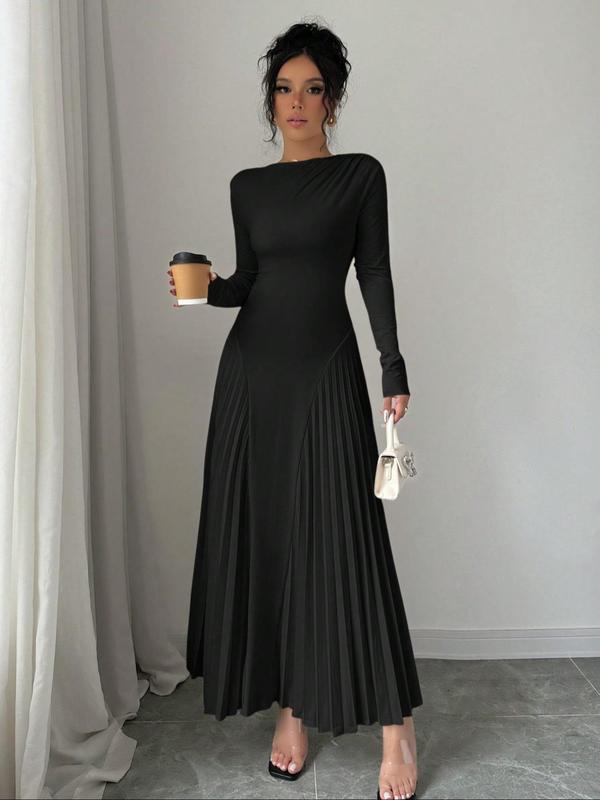 Women's Plain Ruched Pleated A Line Dress, Elegant Long Sleeve Boat Neck Long Dress for Party Holiday Wedding Guest, Ladies Fall & Winter Clothes