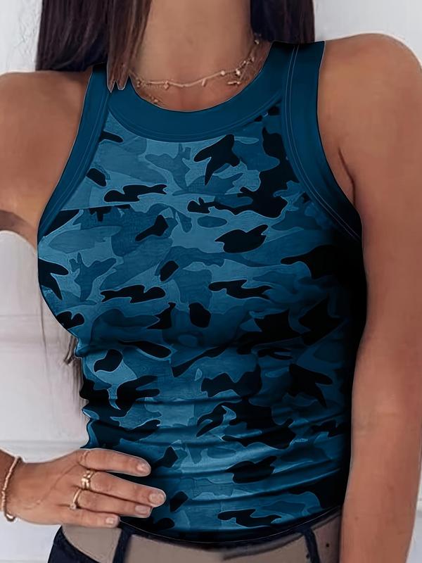 Women's Camo Print Contrast Binding Tank Top, Casual Round Neck Sleeveless Top for Summer, Ladies Clothes for Daily Wear