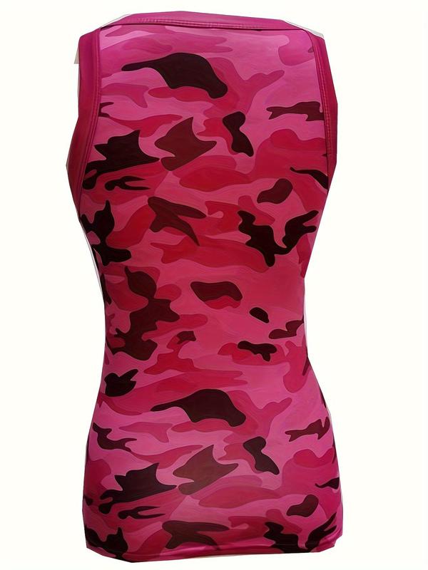 Women's Camo Print Contrast Binding Tank Top, Casual Round Neck Sleeveless Top for Summer, Ladies Clothes for Daily Wear