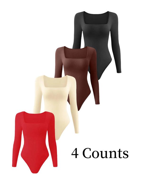 Women's Solid Square Neck Long Sleeve Shapewear Bodysuit, Casual Comfy Tummy Control Shaper for Daily Wear, Ladies Shapewear for All Seasons Longsleeves