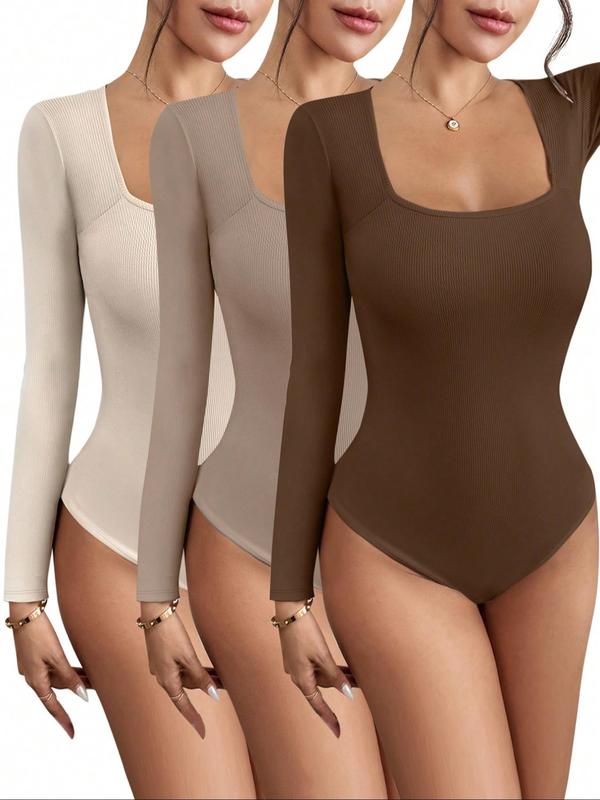 Women's Solid Color Ribbed Long Sleeve Square Neck Bodysuit, Casual Comfy Bodysuit for Daily Wear, Ladies Clothes for Fall & Winter Longsleeves, North West Body Suit