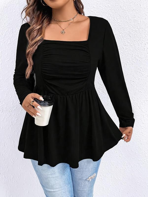 Plus Size Solid Ruched Peplum Tee, Casual Elegant Square Neck Long Sleeve T-shirt for Spring & Fall, T Shirts for Women, Women's Plus Clothing for Daily Wear