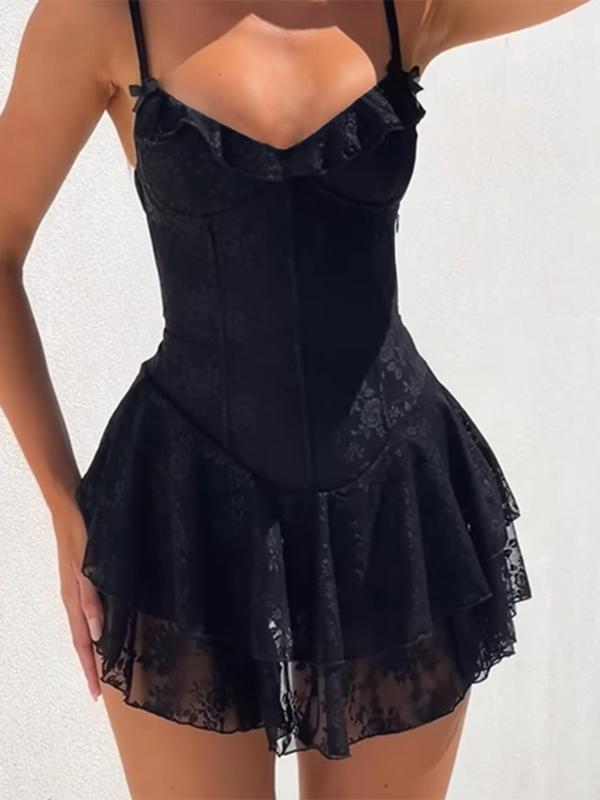 Women's Plain Floral Lace Ruffle Corset Bodycon Cami Dress, Elegant Adjustable Strap Lace Up Backless A Line Dress, Ladies Summer Clothes for Party Dating