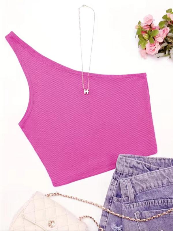 Women's Plain One Shoulder Crop Tank Top without Necklace, Summer Clothes Women, Casual Solid Color Sleeveless Ribbed Top for Summer, Women's Clothing for Daily Wear, Summer Outfits 2024