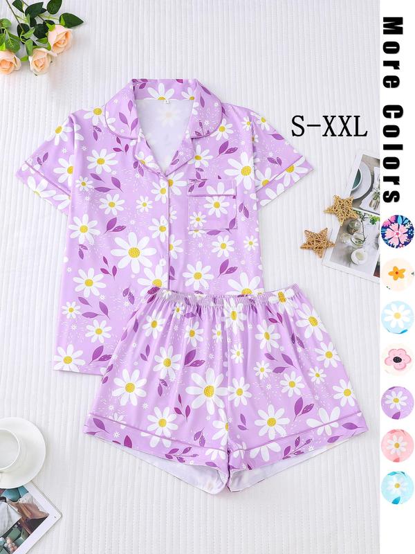 Two-Piece Set Women's Floral Print Button Front Sleep Shirt & Elastic Waist Shorts Pyjama Set, Casual Contrast Binding Pocket Lapel Top & Shorts Pj Set, Pajama Sets Women, Ladies Sleepwear for All Seasons