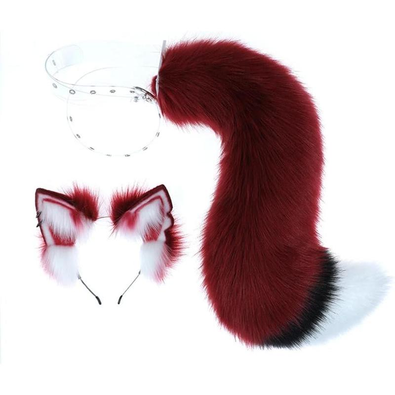 Fox Wolf Cat Ears and Tail Set Wine Red Furry Ears Headband with Tail Animals Ears Tail for Cosplay Costume