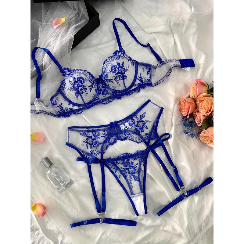 Floral Embroidery Bow Semi Sheer Lingerie Set, Intimates Bra & Thong & Garter Belt, Women's Sexy Lingerie & Underwear thong Fabric Womenswear Print Comfort Polyester Mesh Spaghetti Strap